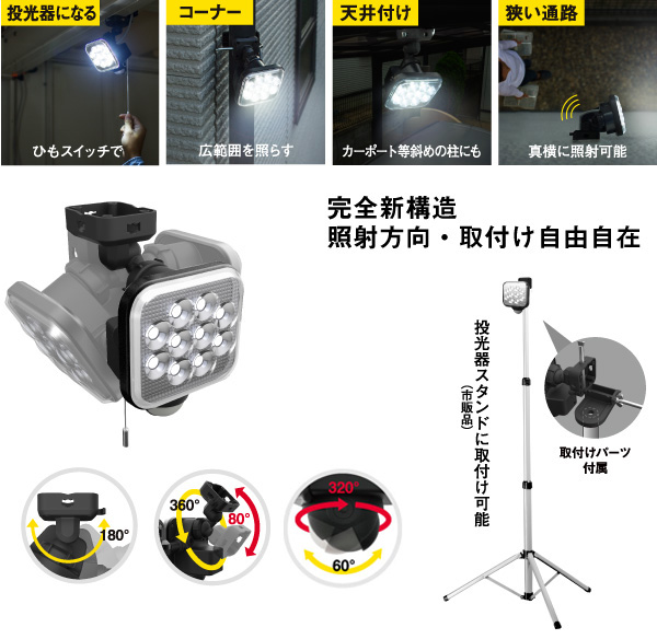 定番キャンバス ムサシ RITEX フリーアーム式LEDセンサーライト 12W×1灯 コンセント式 防雨型 LED-AC1012